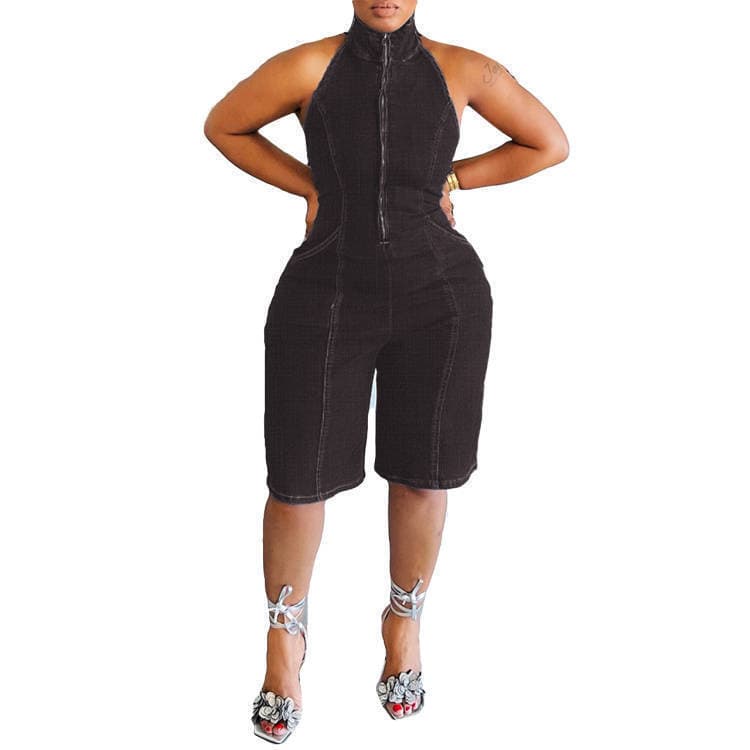 2024 New Women's Halter Backless Sleeveless Jumpsuit with Zipper Backless Design Stretch Denim Bodysuit