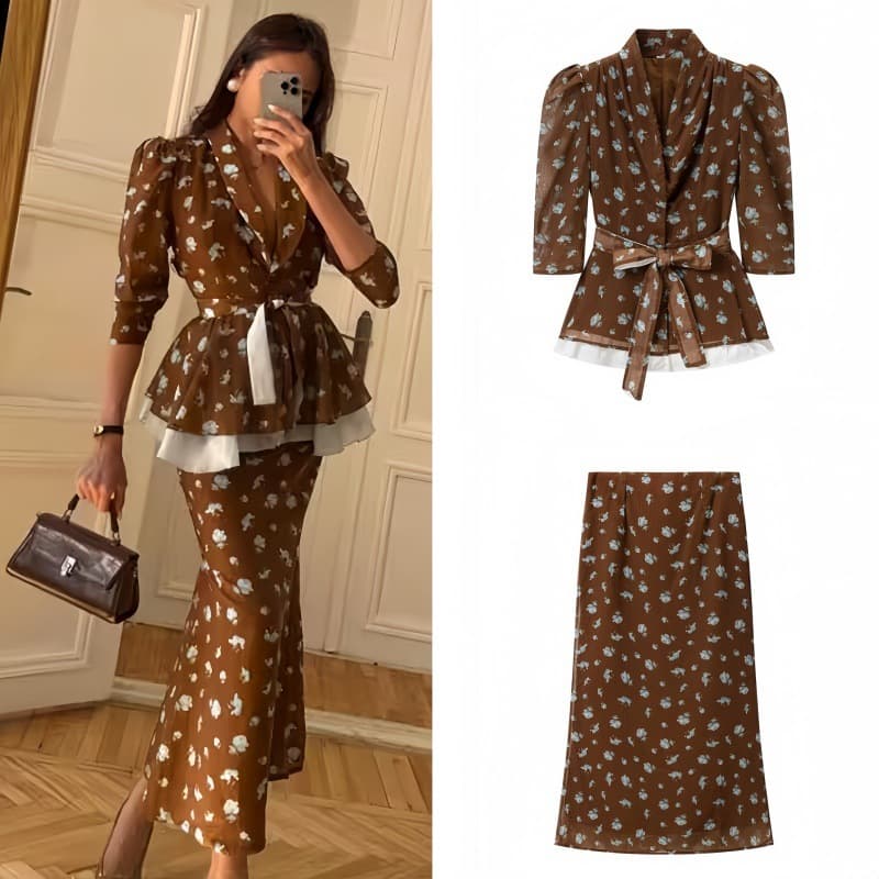 PB&ZA Elegant Notched Collar Three-Quarter Sleeve Floral Fitted Blazer / Floral Pencil Mermaid Skirt Set