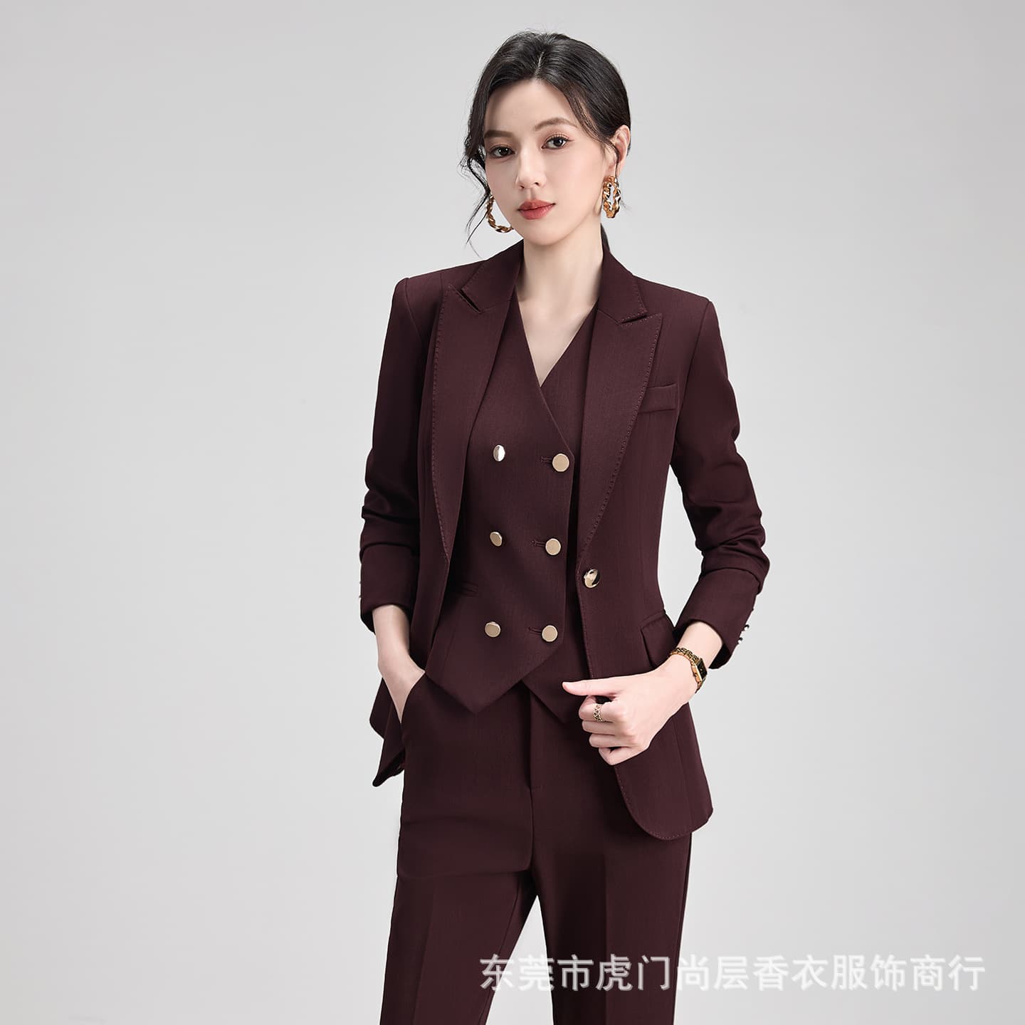 Cross-Border Wine Red Blazer Suit Set, Professional Formal Wear, Premium Elegant Commuter Host Slim Fit Blazer with Wide-Leg Pants for Women