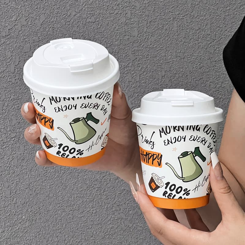 Cartoon Disposable Coffee Cup Milk Tea Paper Cup Creative Takeout Hot Drink Packaging Double-Layer Commercial Cup with Lid