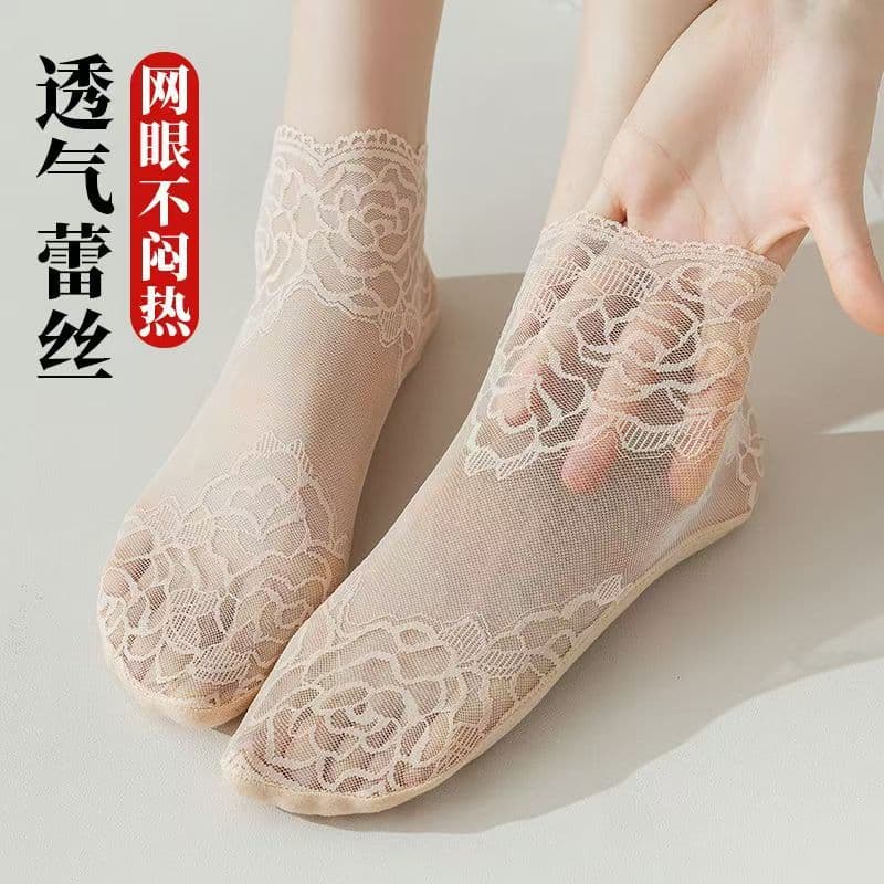 Lace Trim Mid-Calf Fishnet Socks Non-Slip Rose Pattern Short Socks Invisible Socks Wholesale Non-Slip Boat Socks Stockings