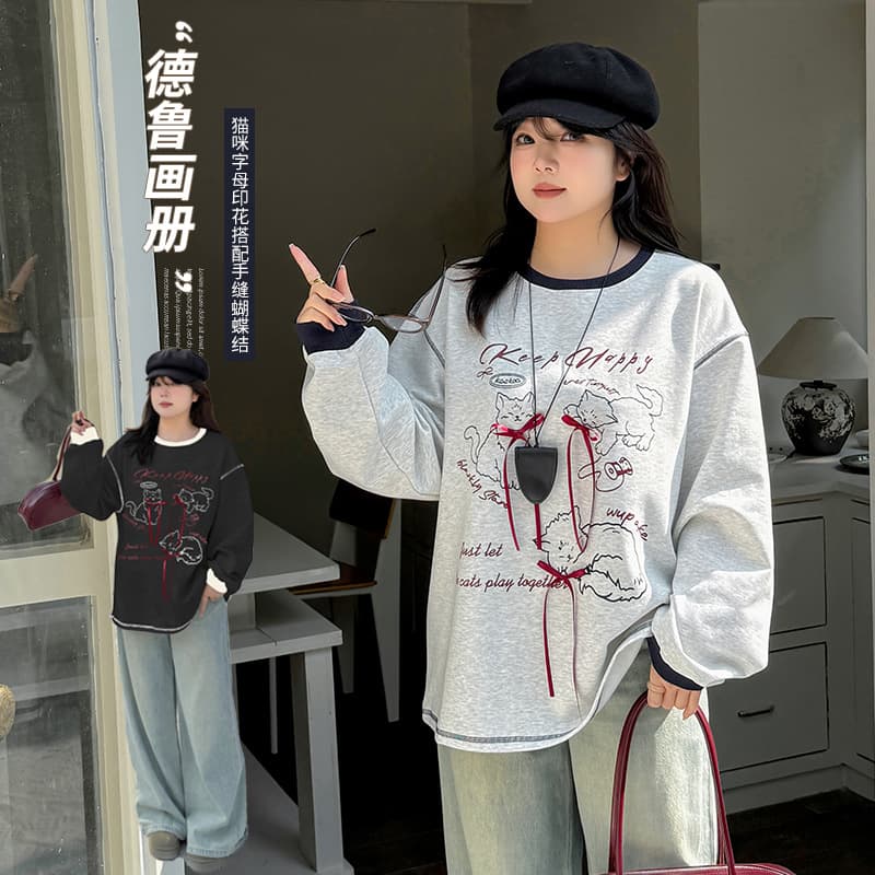 American Casual Cat Bow Plus-Size Sweatshirt, 2025 Early Autumn Loose Slimming Stylish Pullover Top 121942