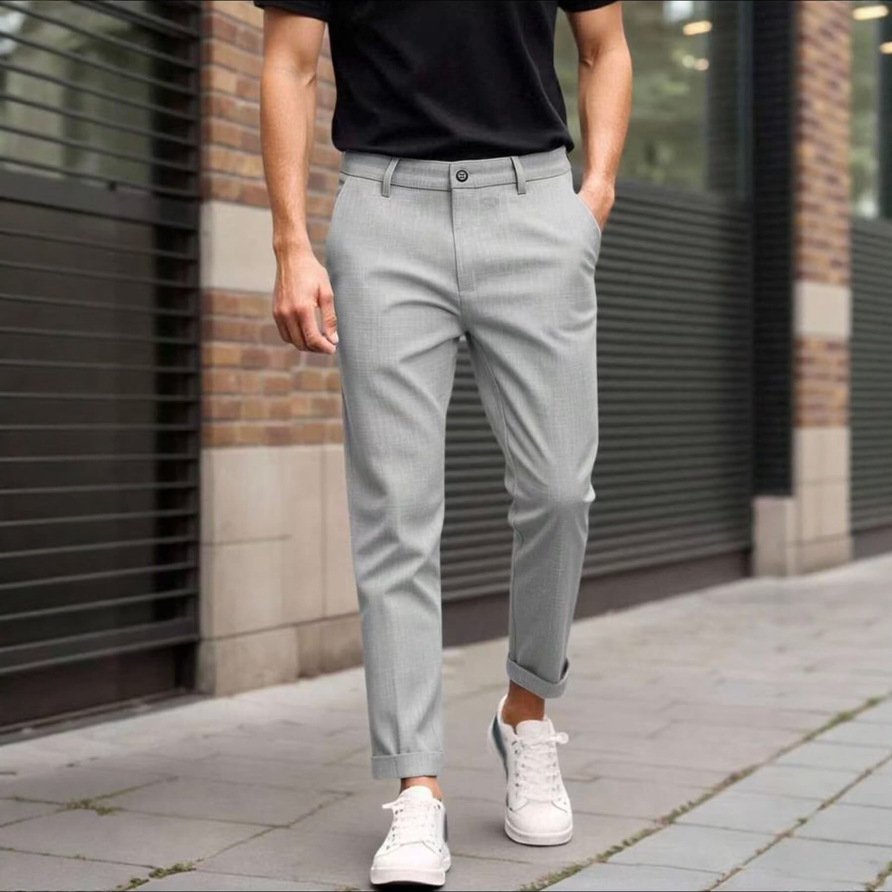 2026 Summer Men's Slim Fit Cropped Casual Pants Solid Color Business Versatile Long Pants Breathable Men's Trousers