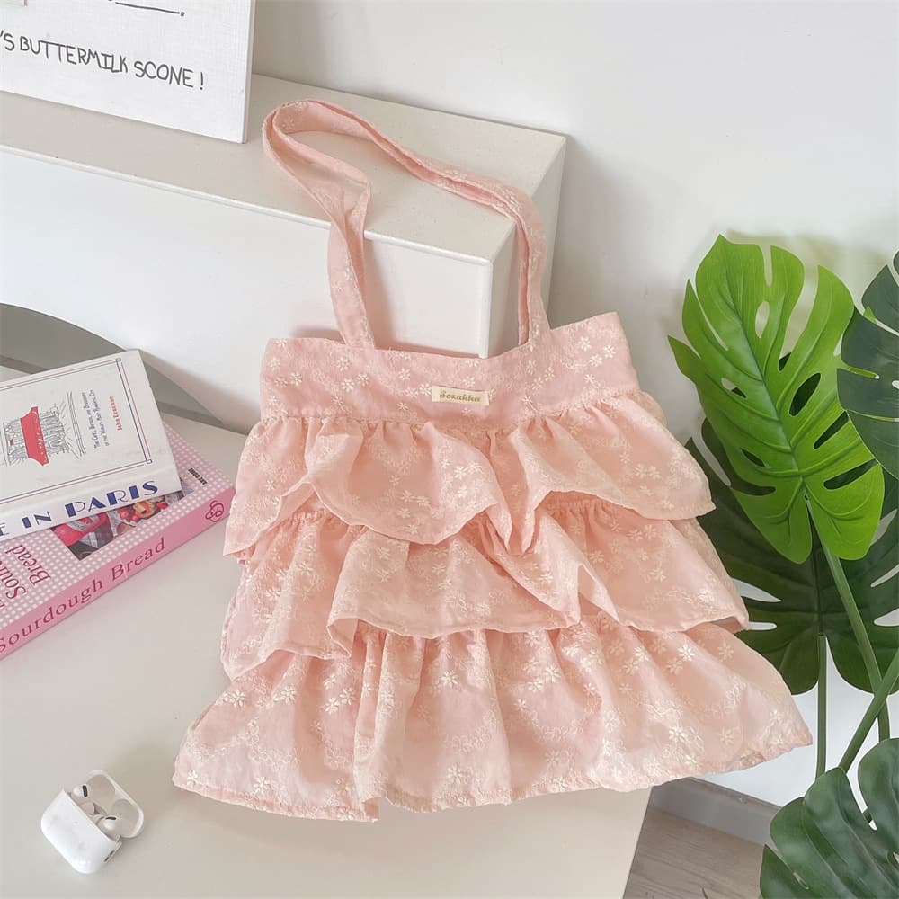 65157 Light pink layered ruffle skirt canvas bag with small daisy jacquard student party summer travel carry-on bag