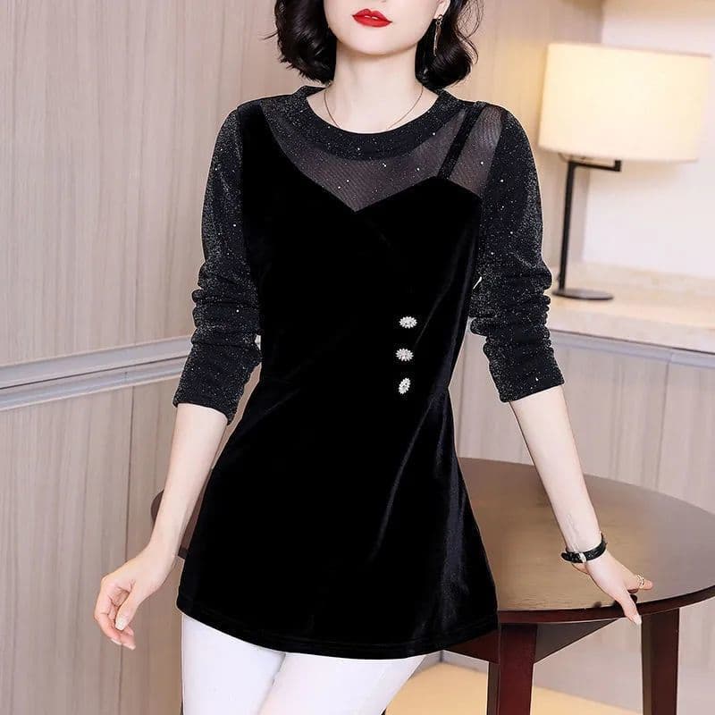 Black Mid-Length Velvet Lace Top for Women, Spring/Autumn Faux Two-Piece Long-Sleeve Chiffon Blouse, T-Shirt Base Layer