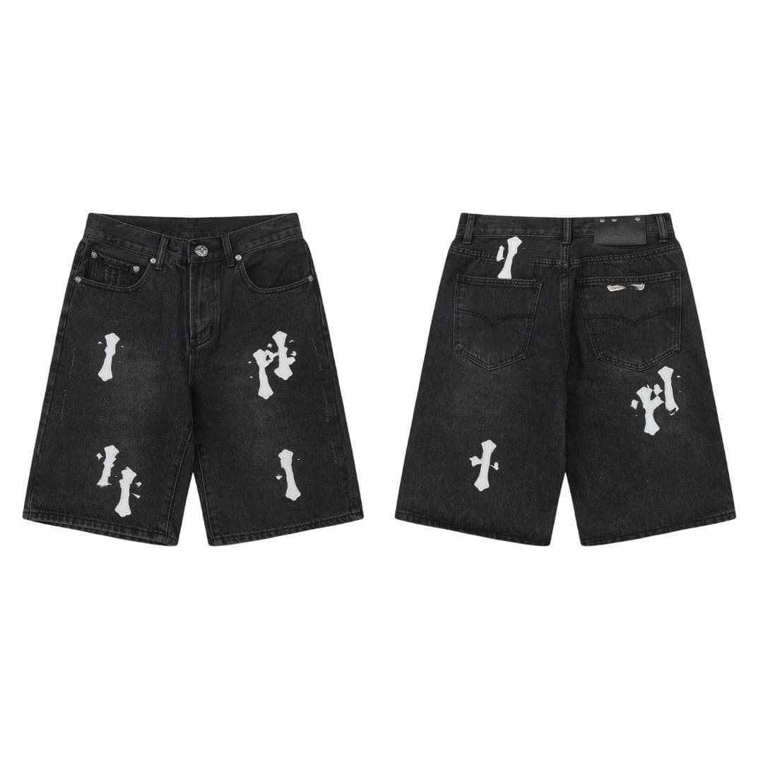Cro cross-border foreign trade hot spring and summer CH cross patchwork leather Cro denim shorts couple style dropshipping