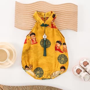 Baby Chinese Style Sleeveless Summer Thin Cartoon Bodysuit for Boys, Adorable Romper Going Out Wear Bodysuit Trendy