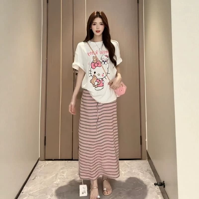 Hello Kitty Short Sleeve T-Shirt for Women 2026 Summer New Loose Plus Size Half Sleeve Top