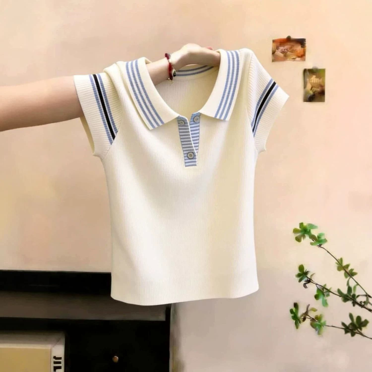 【Authorized Genuine】Plus Size Korean Striped Ice Silk Knit Short Sleeve Top for Women Summer New Trendy Versatile Blouse