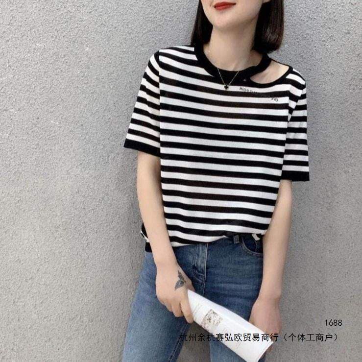2026 Women's Striped Ice Silk T-Shirt, Off-Shoulder Cut-Out Short-Sleeve Knitwear, Korean Style Crew Neck Loose Sexy Top, Trendy Top