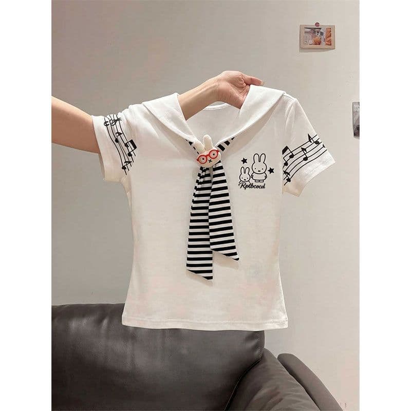 Sweet shawl navy collar short-sleeved T-shirt for women in summer with unique design, beautiful and age-reducing wear, chic and trendy tops