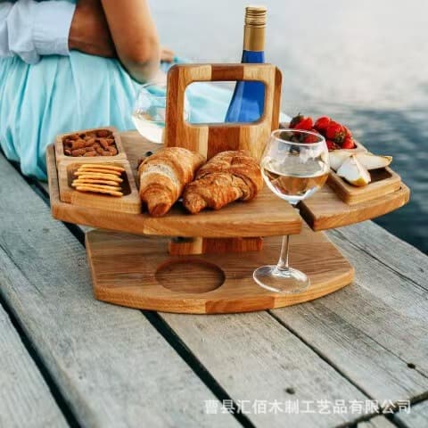 Wooden portable tray, detachable double-layer food and fruit tray, outdoor camping wine glass integrated tray