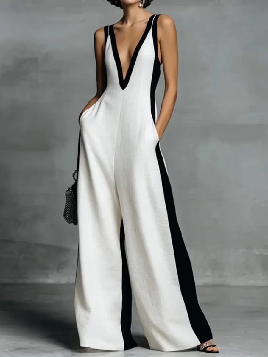 Cross-border EU/US 2026 Summer New Independent Station Fashion Women's V-Neck Sleeveless Contrast Color Camisole Wide-Leg Jumpsuit