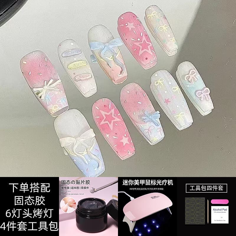 Sweet Sugar Cake Semi-Handmade Nail Art Wearable Bow Solid Gel with UV Lamp Fake Nail Tips Self-Adhesive Full Set
