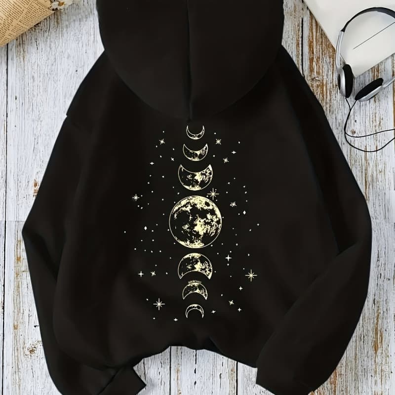 Moon Print Hoodie, Drawstring Casual Hooded Sweatshirt For W