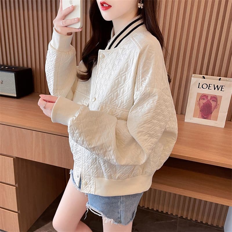 Stand Collar Long Sleeve Baseball Jacket Women Autumn/Spring New Design Pocket Loose Button Cardigan Top Jacket