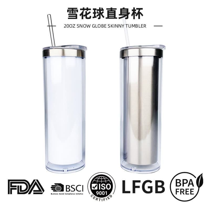 20oz Sublimation DIY Glitter Snow Globe Straight Cup 304 Globe Skinny Tumbler Insulated Cup Heat Sublimation