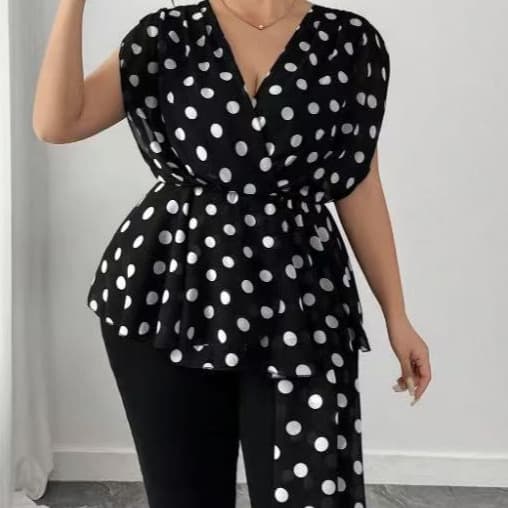Women's Polka Dot Ruffle Top, Elegant Workwear Shirt, Plus Size Women's Spring Clothing, Black Base White Dot Shirt