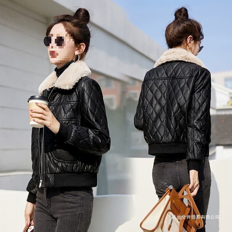 Detachable Fur Collar Fleece-lined Leather Jacket Cotton Coat Women's Short 2025 Autumn/Winter New Thick Warm Petite Coat