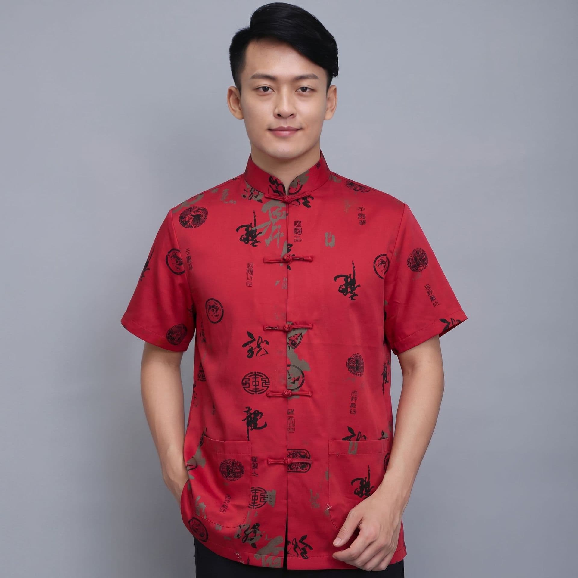 Processed Pure Cotton Red Summer Men's Casual Short-Sleeve Tang Suit Top, Silk Traditional Cultural Costume Tang Suit