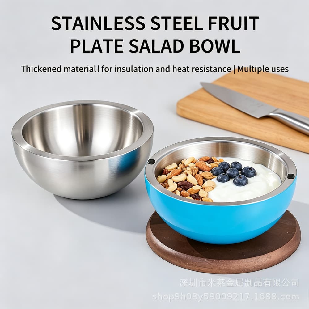 Cross-border 304 stainless steel salad basin double-layer ice cream liquid operating basin baking basin fruit and vegetable salad bowl