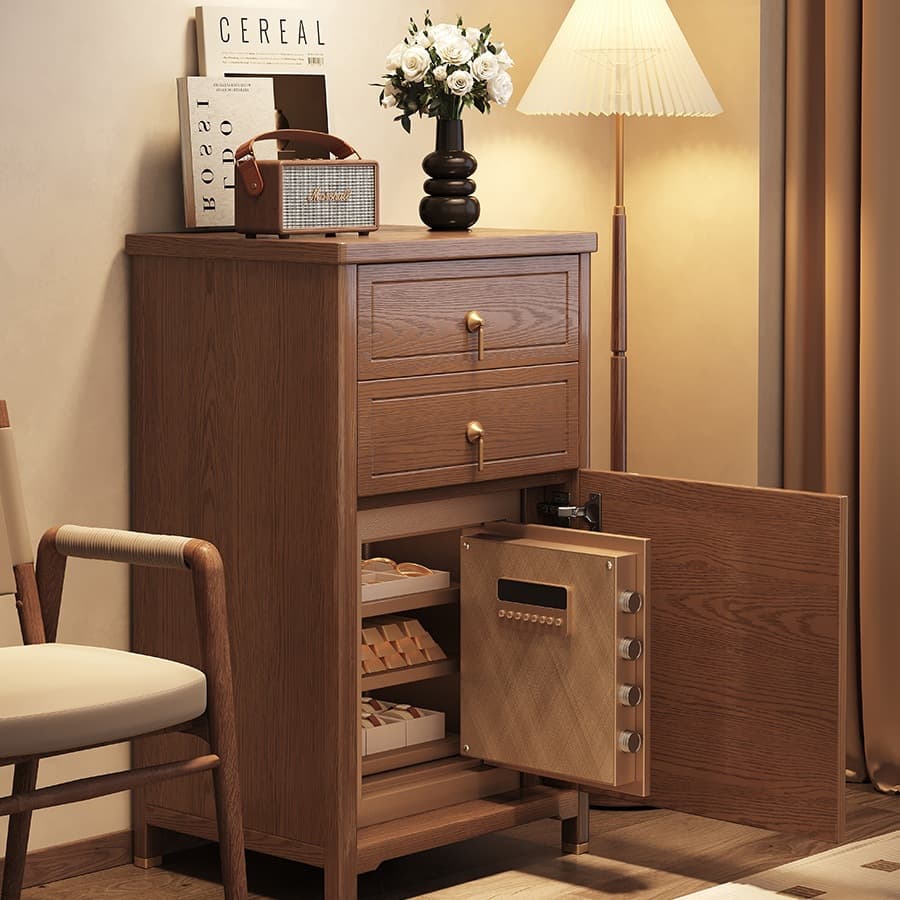 Solid Wood Chest Safe Home Use Living Room Bedroom Password Hidden Drawer Security Box Fingerprint Storage Anti-Theft Cabinet