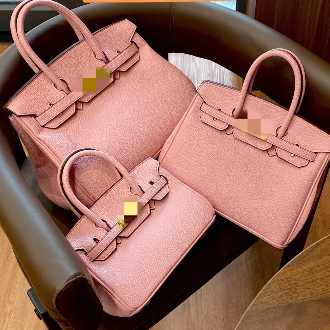 In stock, lychee pattern Birkin bag 35cm gold buckle large capacity handbag for women, European and American fashion women's bag