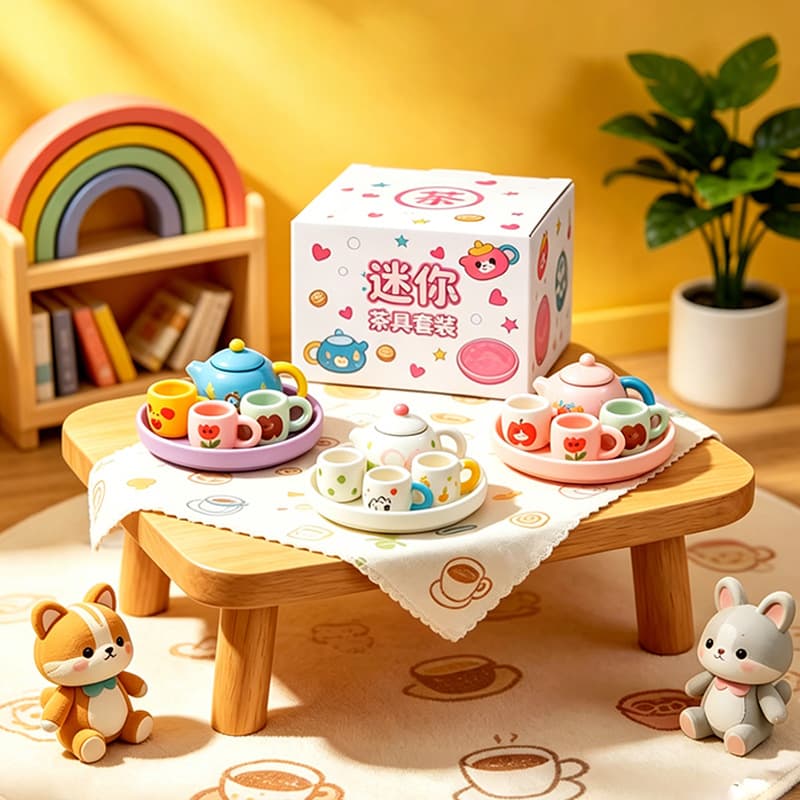 Mini tea set, cute cartoon ceramic miniature tea set, children's afternoon tea toy set, macaron tea cup ornaments