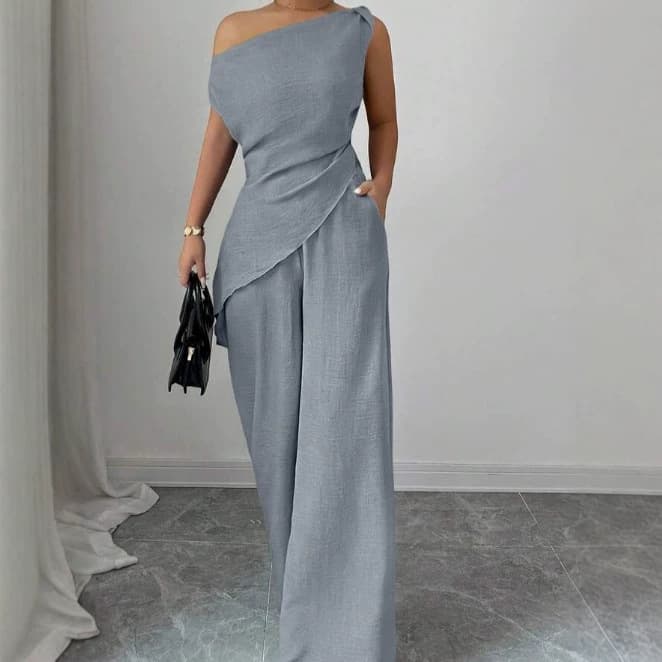2026 New Fashionable Off-Shoulder Sleeveless Solid Color Wide-Leg Pants Set for Amazon Cross-Border Sales, Elegant Two-Piece Set