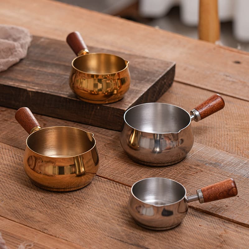 Commercial Stainless Steel Sauce Cup with Handle Steak Sauce Cup Wooden Handle American Western Sauce Dish Tomato Salad Dip Bowl