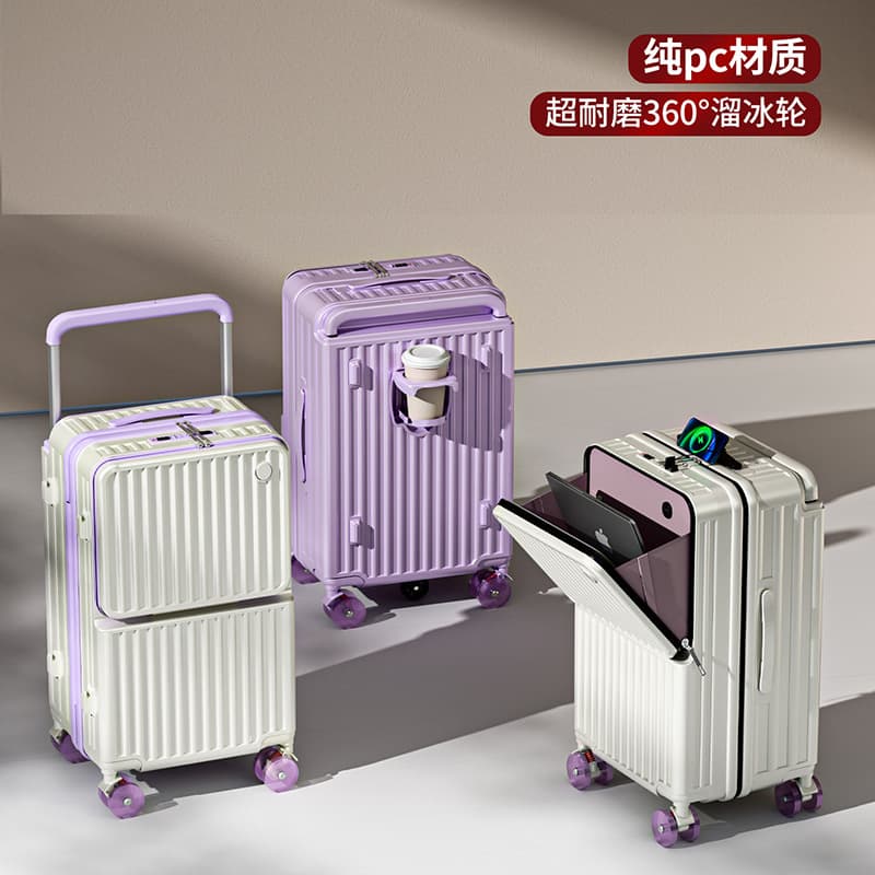 Cross-Border Wide-Handle Suitcase, New Model with Front Opening, Large Capacity, Boarding Code Lock Box, Pc Travel Suitcase, Sturdy and Durable