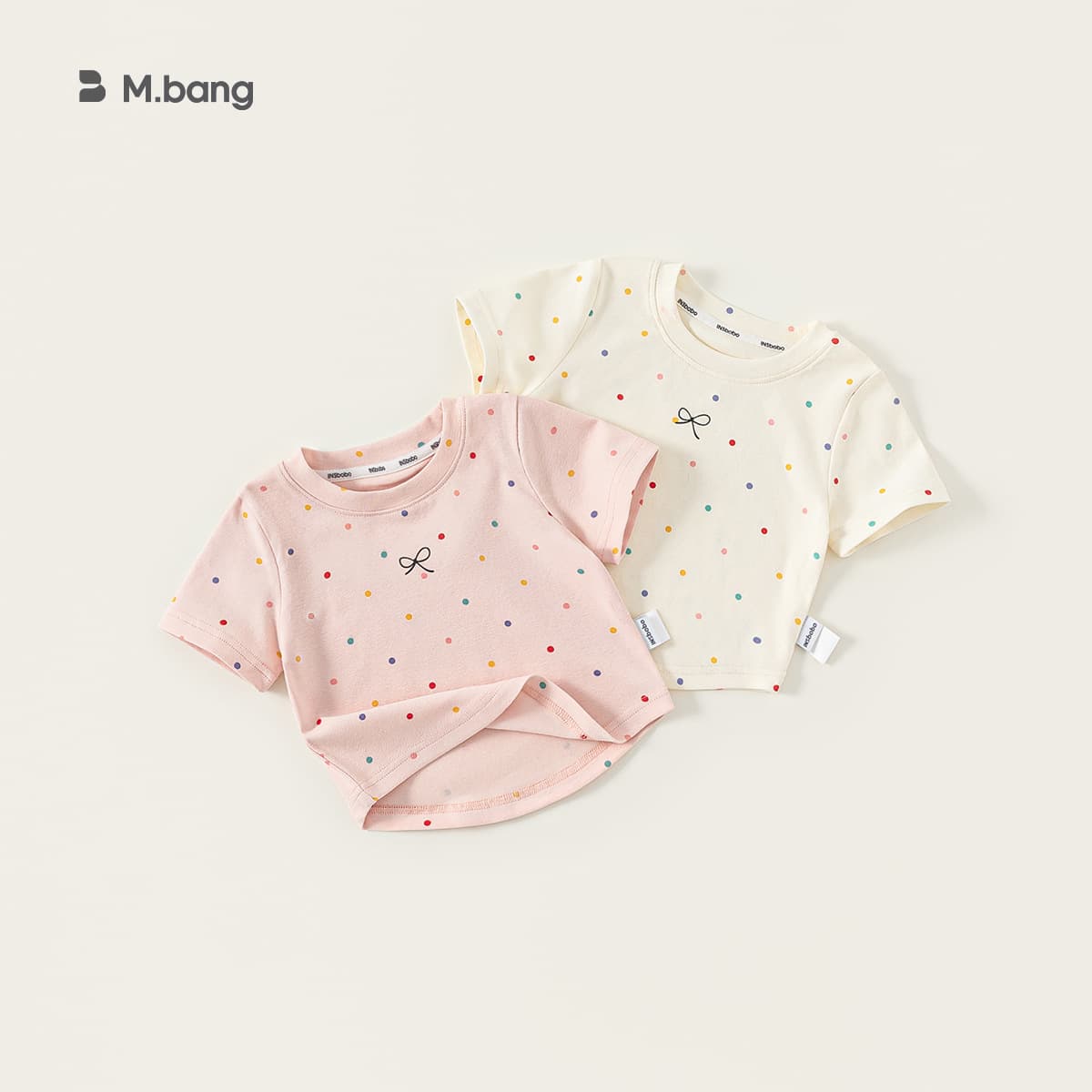 Bangxuan New Summer Girls' Round Neck Top Colorful Polka Dot Simple Bow T-Shirt Kids Korean Style Short Sleeve