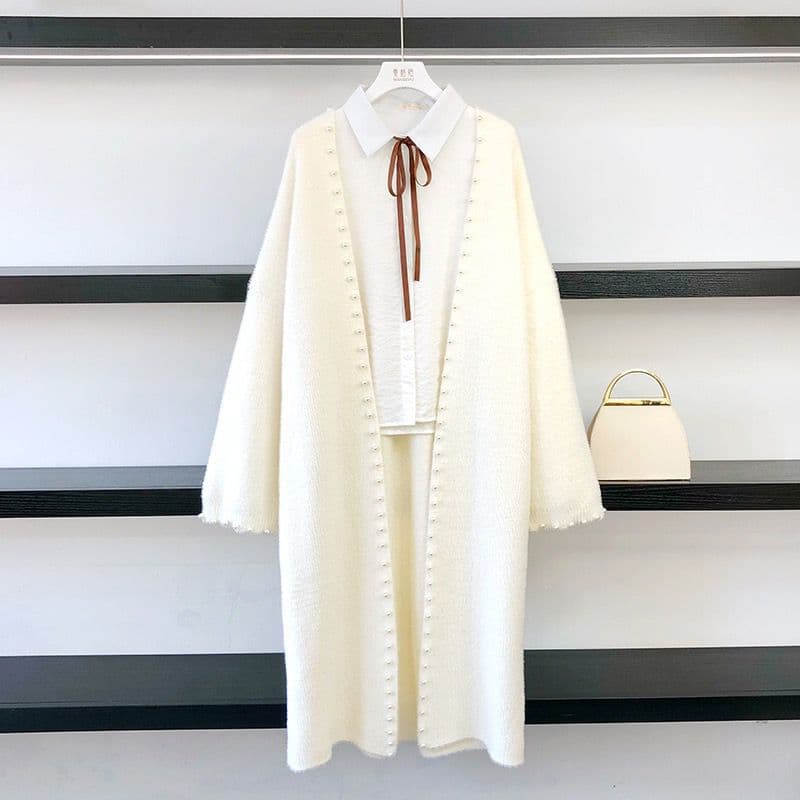 Fairy-like Faux Mink Fur Cardigan for Women, Autumn/Winter Thick Mid-Long Loose Relaxed Style Over-the-Knee Knit Coat