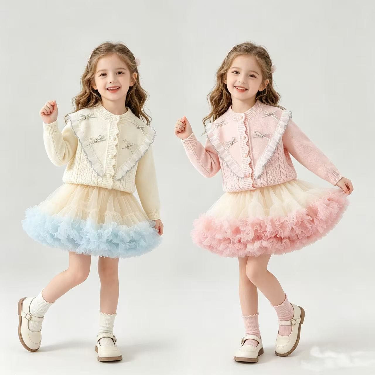 Girls' New Fall/Winter Sweater Set, Korean Style, Solid Color, Little Girl Tulle Tutu Princess Two-Piece Trendy Outfit