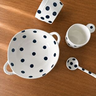 Black and White Polka Dot Ins Korean Style Black and White Simple Polka Dot Ceramic Double Ear Irregular Bowl, Household Noodle Bowl, Soup Bowl