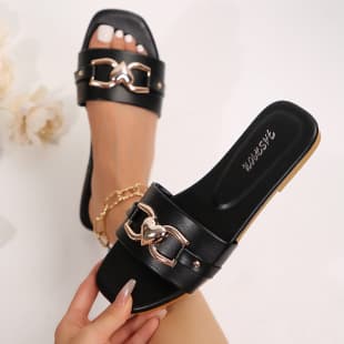 Valentine's Day Women's Fashion Slippers Classic Versatile Solid Color Metal Decoration Square Toe Flat Sandals