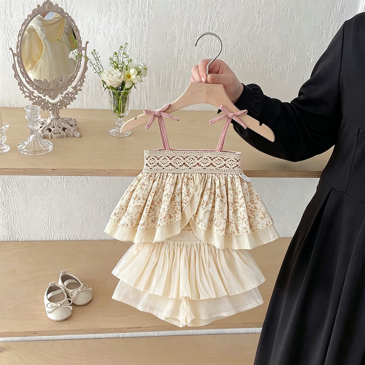 2026 Summer Girls Pastoral Style Lace Hollow Lace Bow Suspender Floral Top and Skirt Two-piece Set