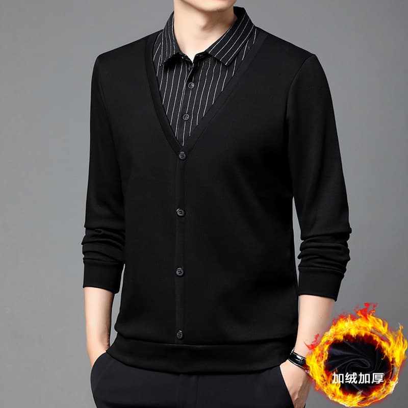 Medium Thick Two-in-One T-Shirt Men Winter Striped Shirt Collar Spring/Autumn Style Dad Outfit Warm Casual Knitted Sweater