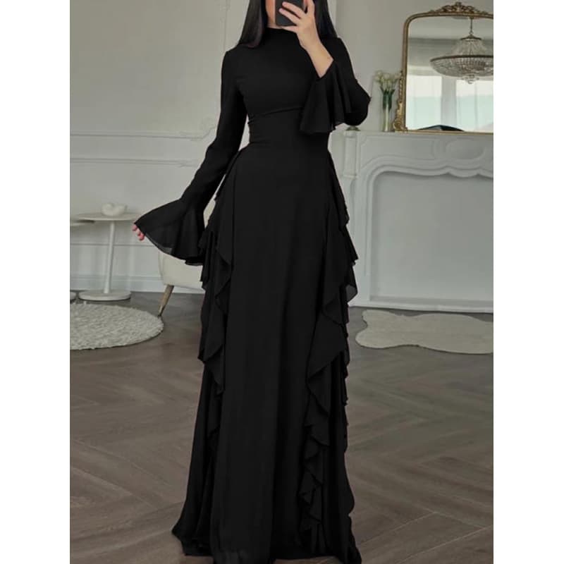 2026 New Cross-border Temu Women's Elegant Casual High-Waist Solid Color Flared Sleeve Dress