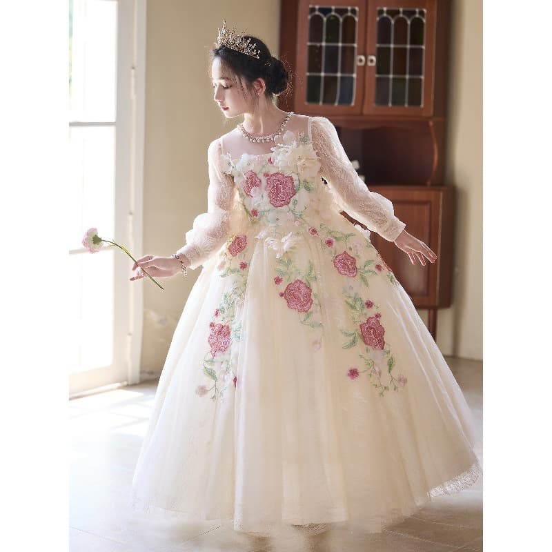 Girls Formal Dress Autumn Long Sleeve High-End Flower Girl Wedding Little Girl Birthday Princess Dress Host Catwalk Piano Performance