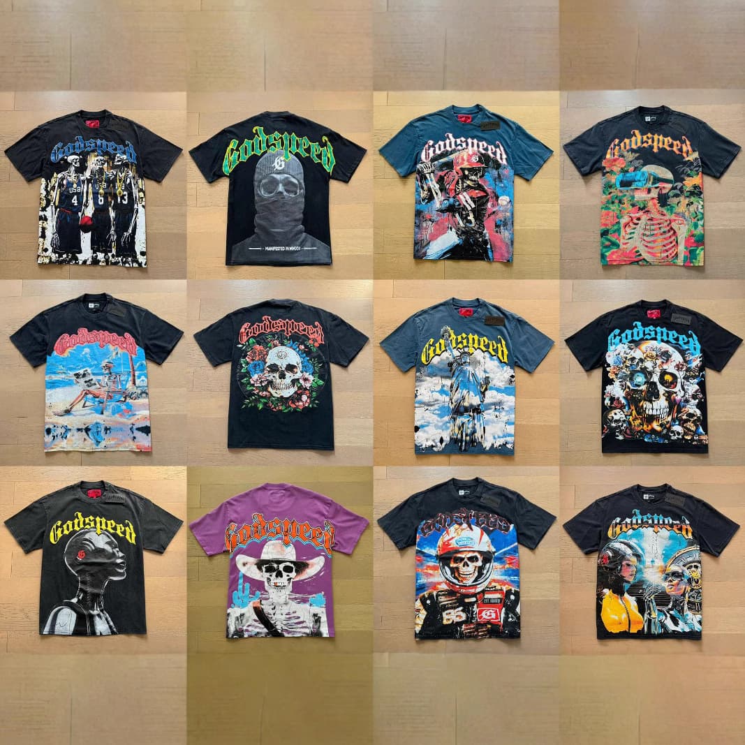 2025 New Fashion Godspeed Skull Rock Band Basketball Washed Black Short-Sleeved T-Shirt for Men and Women Vtg