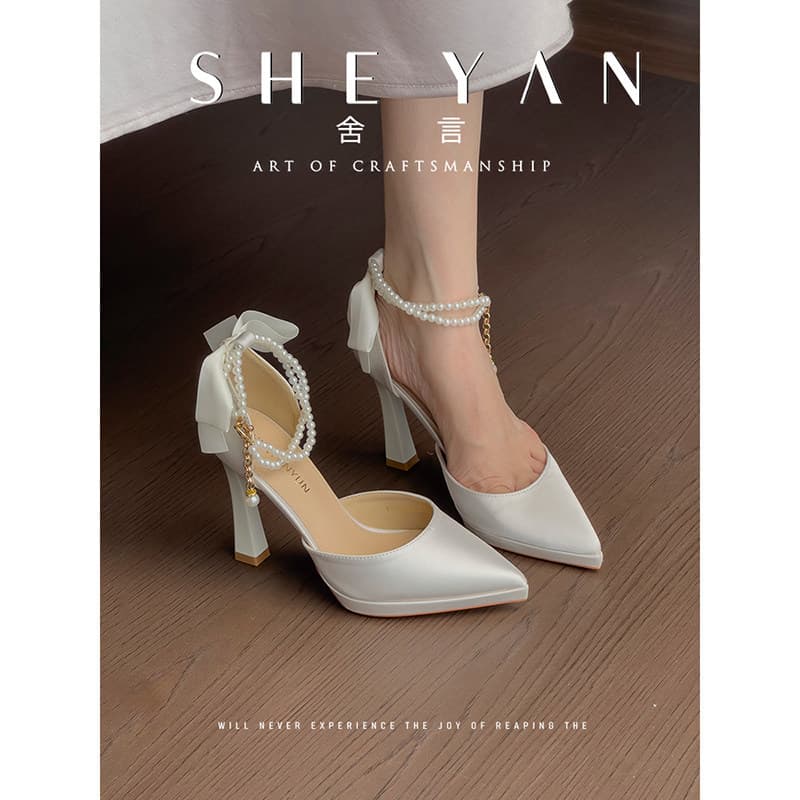 French Pearl Chain High Heels for Women 2026 Summer Pointed Toe Single Strap Buckle Shallow Mouth Elegant Comfortable