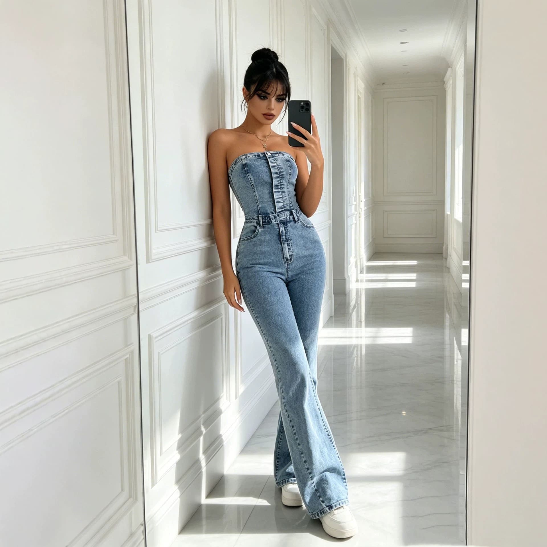 One-line tube top denim jumpsuit, waist slimming jeans, European and American style hot girl jumpsuit
