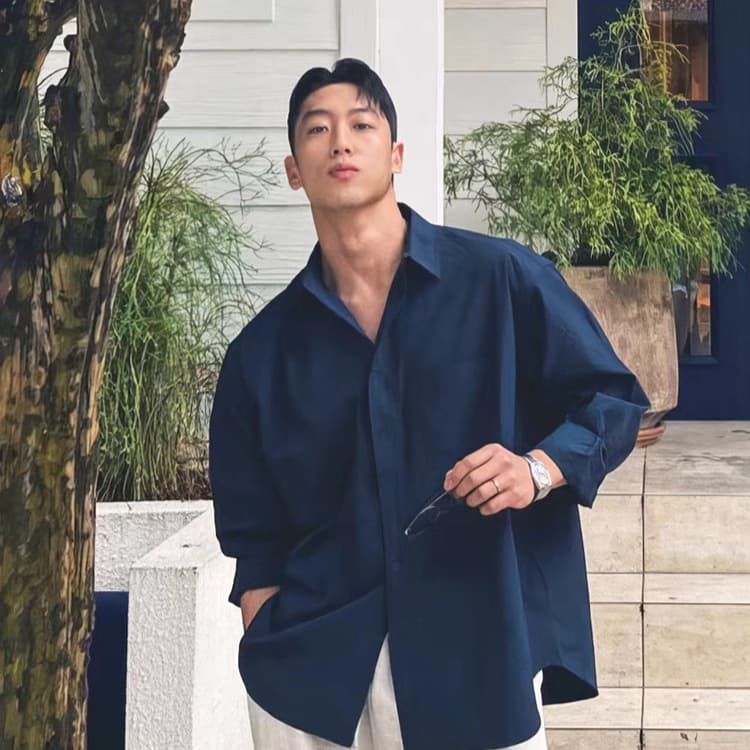 Navy blue cotton and linen shirt men's American retro loose long-sleeved sun protection cardigan thin breathable linen work shirt