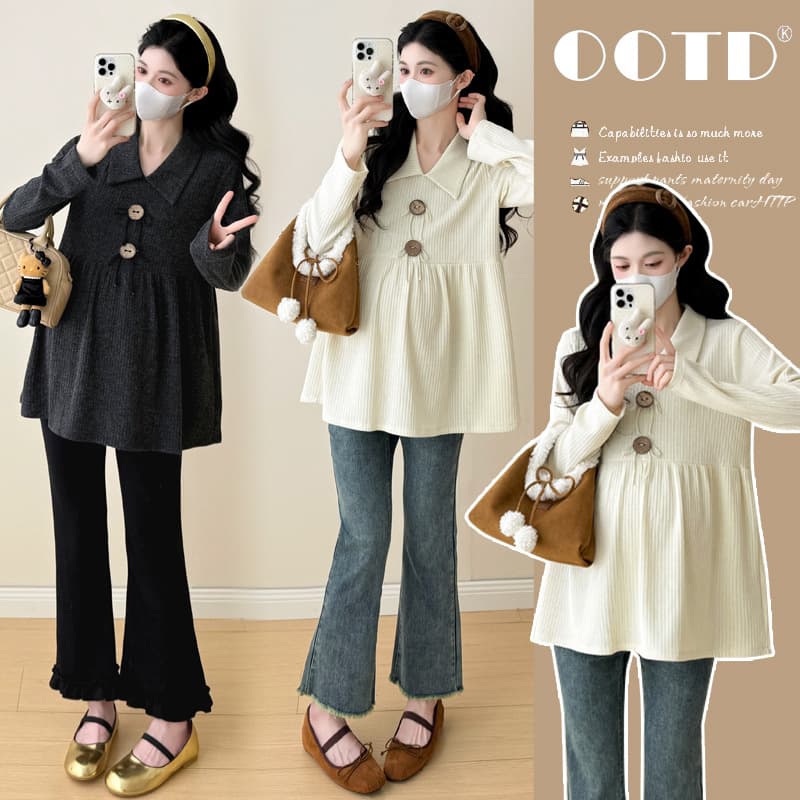 Maternity Top Autumn Winter French Style Shawl Collar Knit Babydoll Top Loose Fit Plus Size