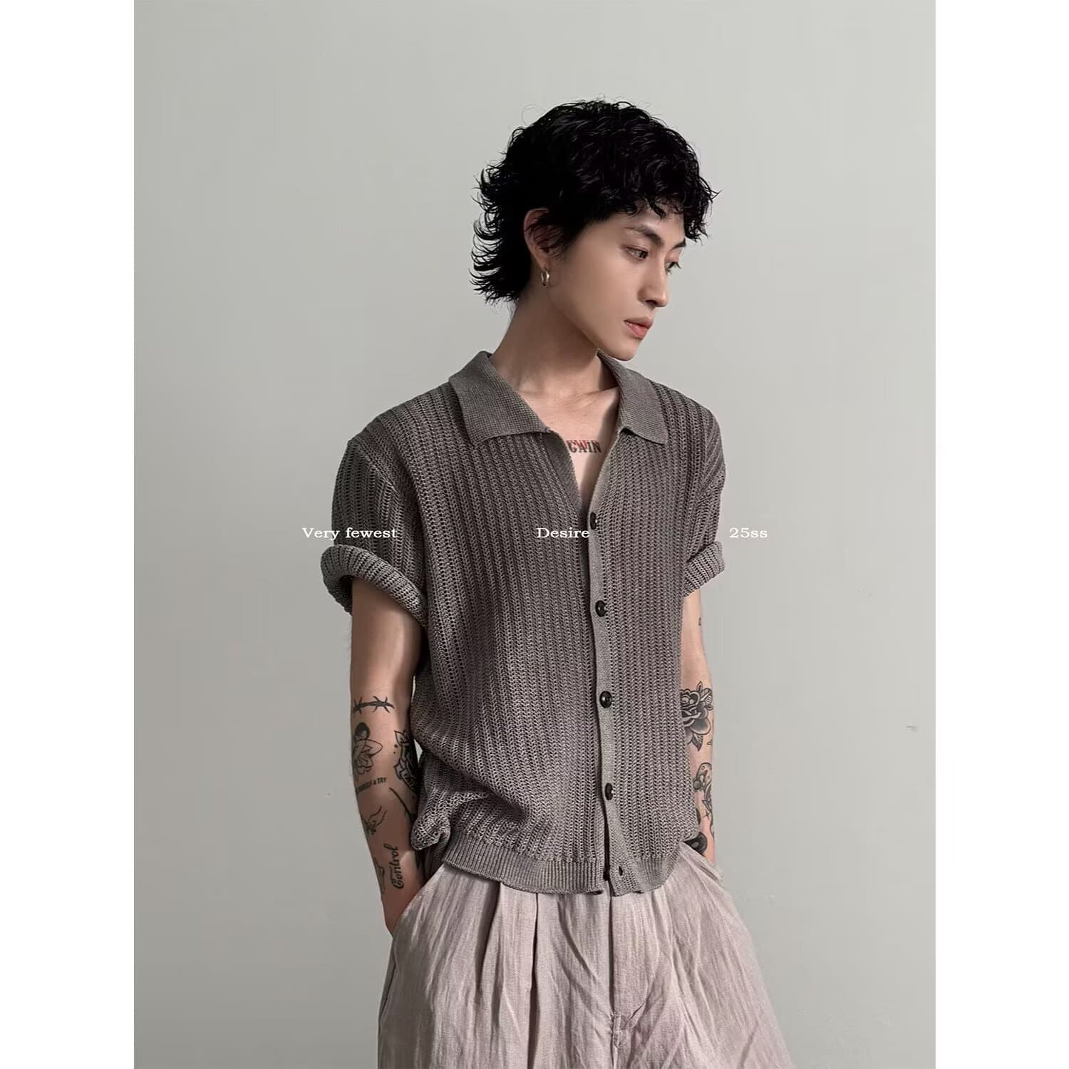 Summer Hollow-Out Lapel Retro Old Money Boxy Fit Relaxed Short-Sleeve Knit Shirt Stylish Lazy Polo Collar Cardigan