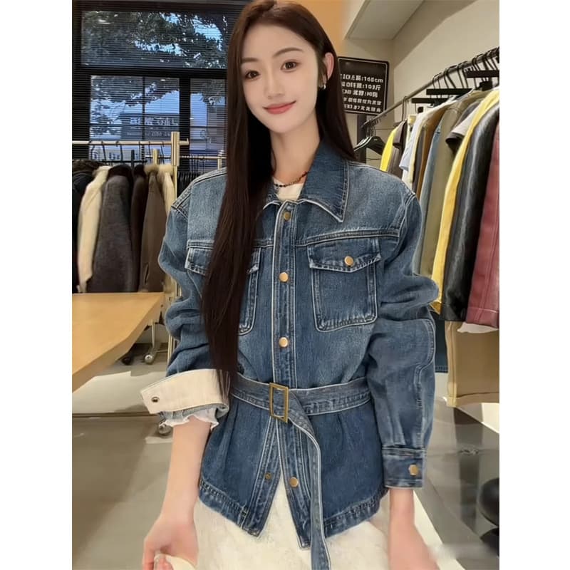 2026 Spring New Vintage Washed Denim Jacket for Women, Notched Collar, Tie-Waist, Slimming and Versatile Jacket Top