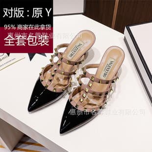 High-end Cross-border Women's Summer European-American Pointed Toe Thin Heel Closed-Toe Mule Sandals with Studs