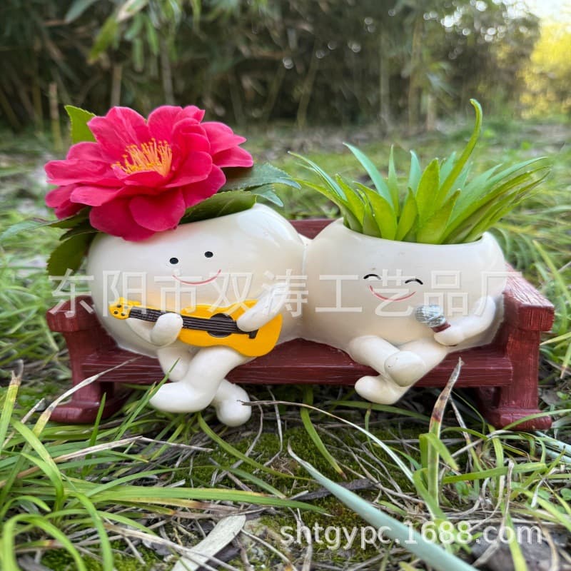 Cross-border Creative New Home Office Succulent Pot Cute Rocking Chair Round Face Playing Piano Sitting Double Flower Pot Plant
