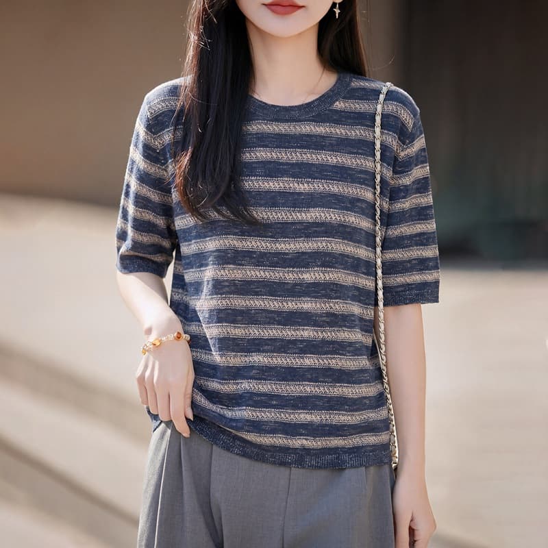 2026 Summer New Round Neck Short Sleeve Knit Top Women Loose Contrast Color T-Shirt Summer Women's Clothing Plus Size Thin Top